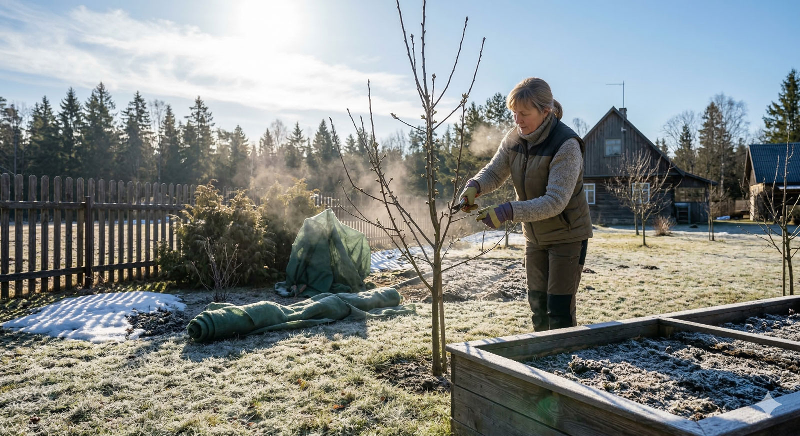 Aednik lõikab märtsis viljapuid härmatises aias